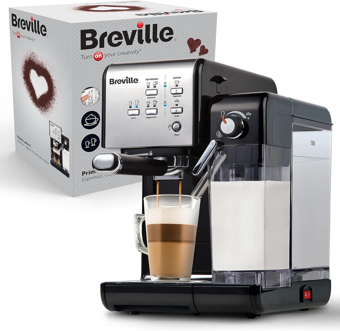 Espresso Breville Prima Latte II | Stroj na latte a cappuccino | Profesionální pumpa s 15 bary a napěňovačem mléka | Stříbro [VCF108X]