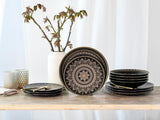 CreaTable, 23588, MANDALA GOLD Series – černá, 12dílná sada nádobí, sada porcelánových talířů, vhodné do myčky a mikrovlnné trouby, kvalitní výroba