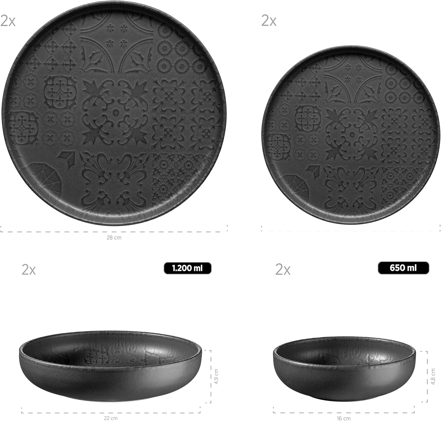 MÄSER 934064 Moderní vintage sada nádobí pro 2, maurský design s matnou glazurou, 8dílná večeře, vysoce kvalitní keramické talíře a misky, kamenina, černá
