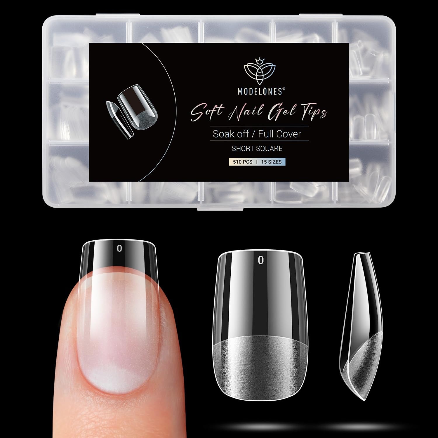 Modelones Nail Tips 510 kusů – sada nehtových špiček s úplným krytem, ​​sada gelových špiček, předleštění špiček na nehty s PMMA pryskyřicí, umělé nehty pro lepení nail art DIY, krátký squoval