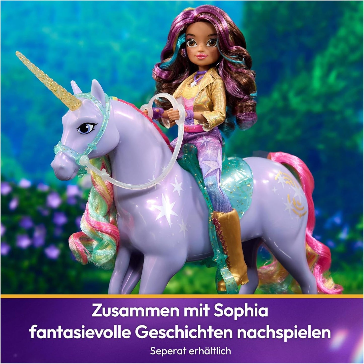 Wildstar Unicorn od Unicorn Academy – 28 cm vysoký originální jednorožec Sophia ze série Netflix se skutečnou hřívou a ocasem, odnímatelnou uzdou a sedlem a kartáčem, pro děti od 4 let