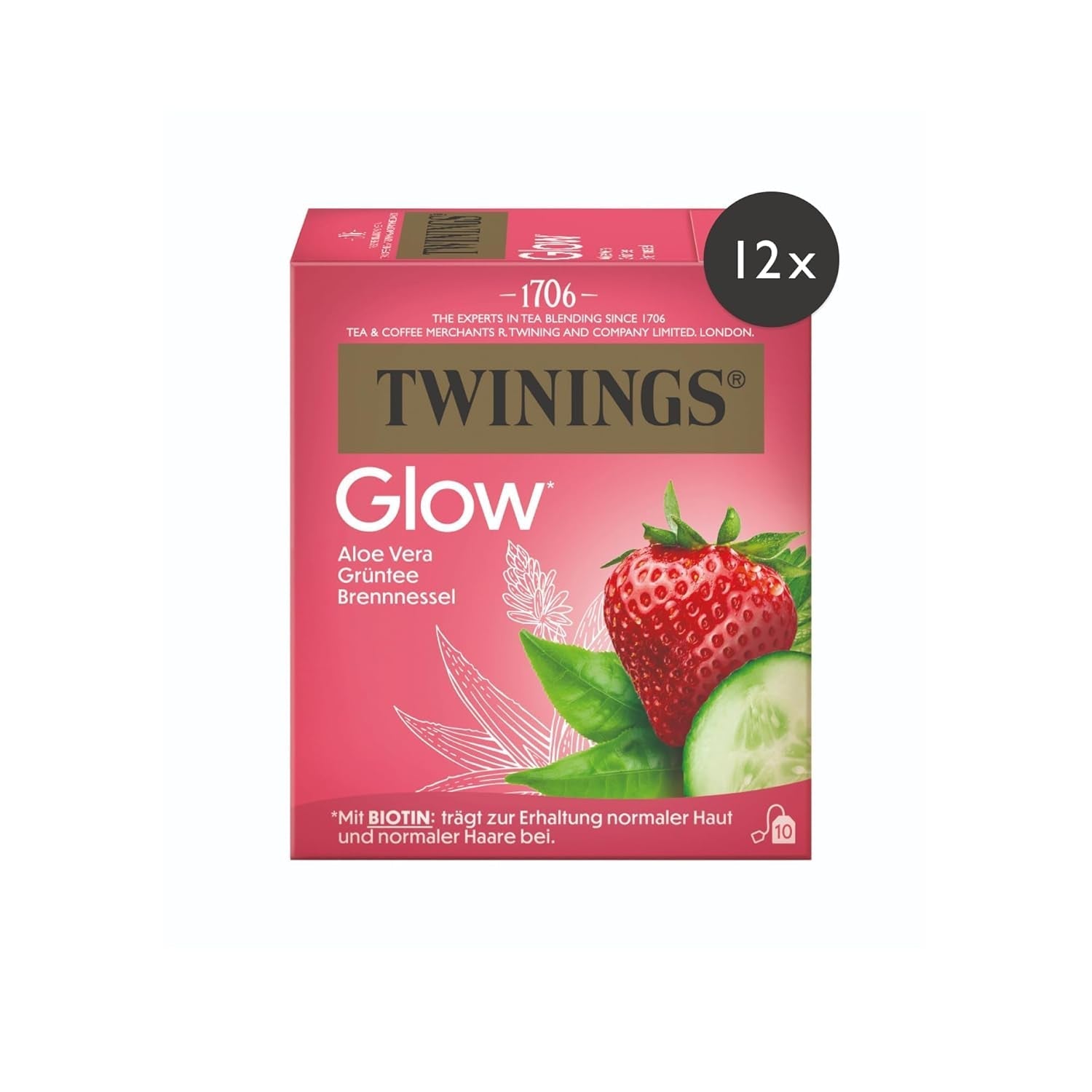 Twinings GLOW Aloe Vera a kopřivový zelený čaj s biotinem - bylinná čajová směs pro přírodní péči o pleť a vlasy 12 balení (10 sáčků každý)