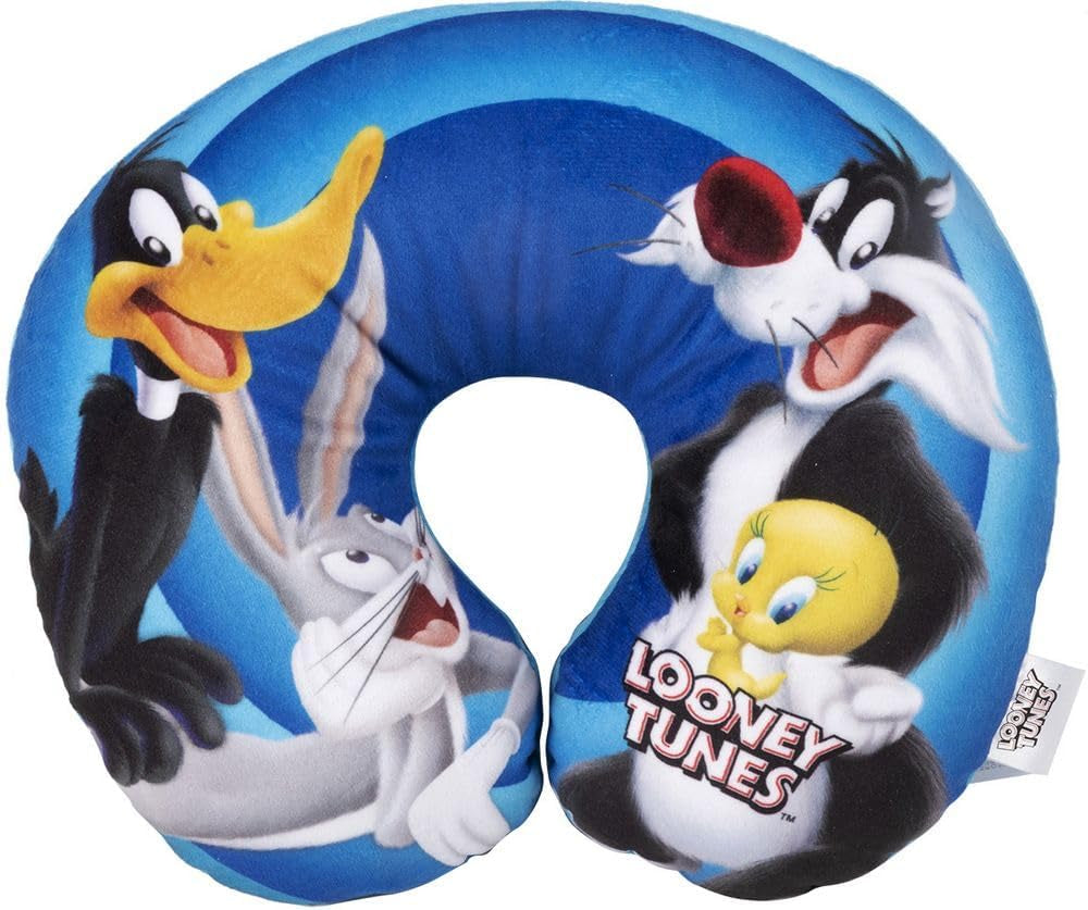Warner Bros Looney Tunes Polštář pro holčičky na krk Měkký cestovní polštářek do auta Bunny Daffy Duck Silvestro Titti Komfort Kreslený Modrý Naty Shop Cestovní polštáře Výchozí název
