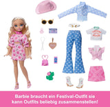 Sada Barbie Dream Besties Festival Looks s panenkou Barbie Malibu s dlouhými blond vlasy pro styling a více než 10 odnímatelnými oděvy a doplňky, JGH87
