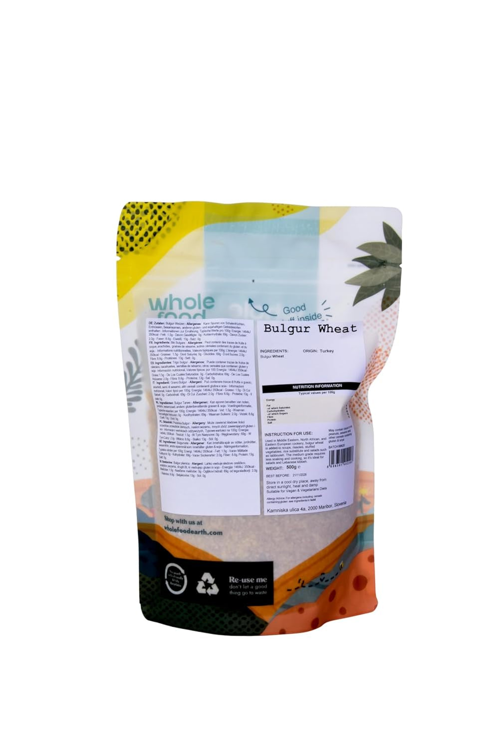 Wholefood Earth pšeničný bulgur - bez GMO - přírodní - veganský - bez mléčných výrobků - bez přidaného cukru, 500g