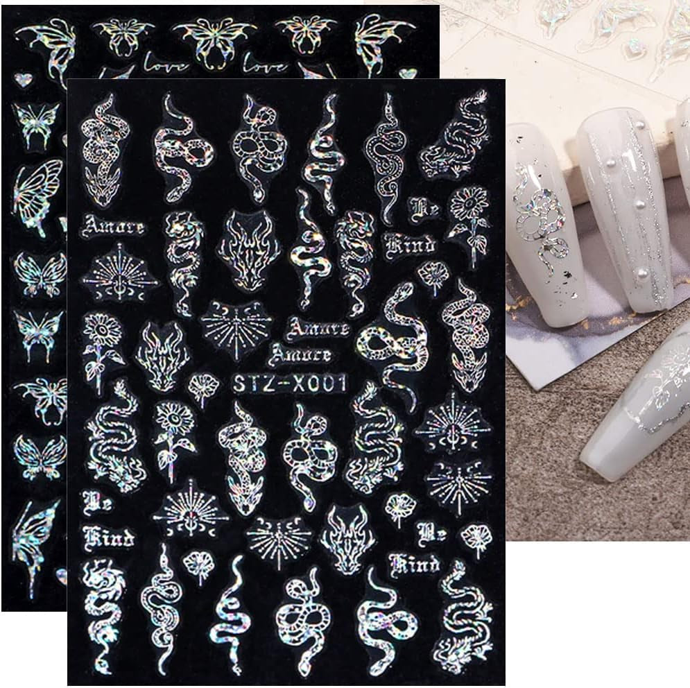 6 Blatt Schmetterling Samolepka na nehty Selbstklebend Laser Stříbrná Schmetterlings Nagelaufkleber 3D Aurora Stříbrná Schwarz Schmetterlinge Samolepky na nehty Frühling Nageldesign Samolepka na nehty Nail Art Zubehör
