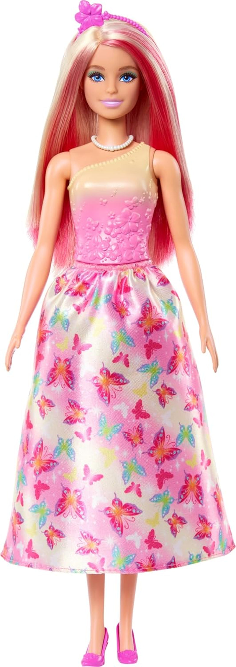 Královská panenka Barbie s blond a růžovými efektními vlasy, barevné doplňky, růžový gradientní top a motýlí sukně, HRR08 Naty Shop Dolls