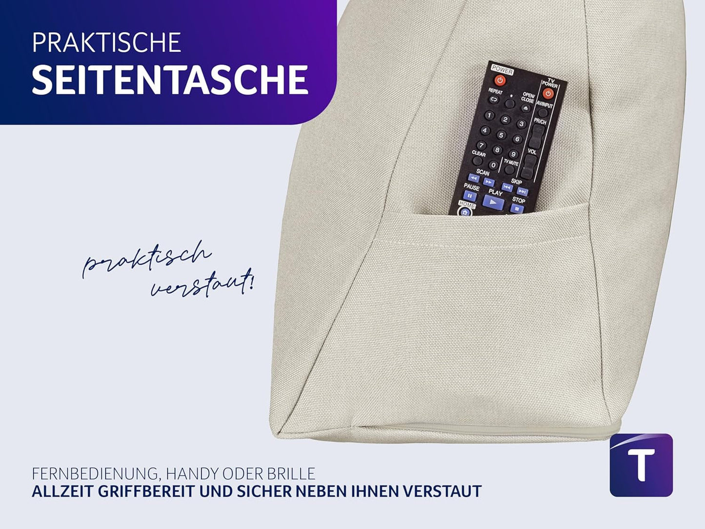 Polštář Traumnacht Cozy Back, polštář na čtení, 70 x 40 cm béžový, snímatelný a pratelný potah ze 100% polyesteru, praktická boční kapsa, certifikováno Oeko-Tex, vyrobeno podle německých norem kvality