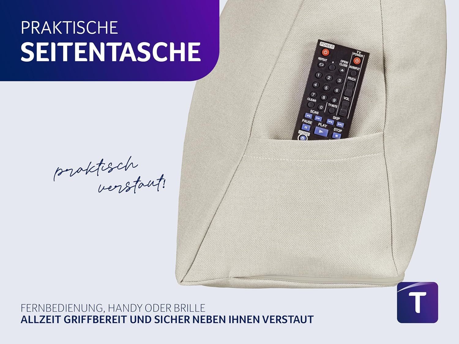 Polštář Traumnacht Cozy Back, polštář na čtení, 70 x 40 cm béžový, snímatelný a pratelný potah ze 100% polyesteru, praktická boční kapsa, certifikováno Oeko-Tex, vyrobeno podle německých norem kvality