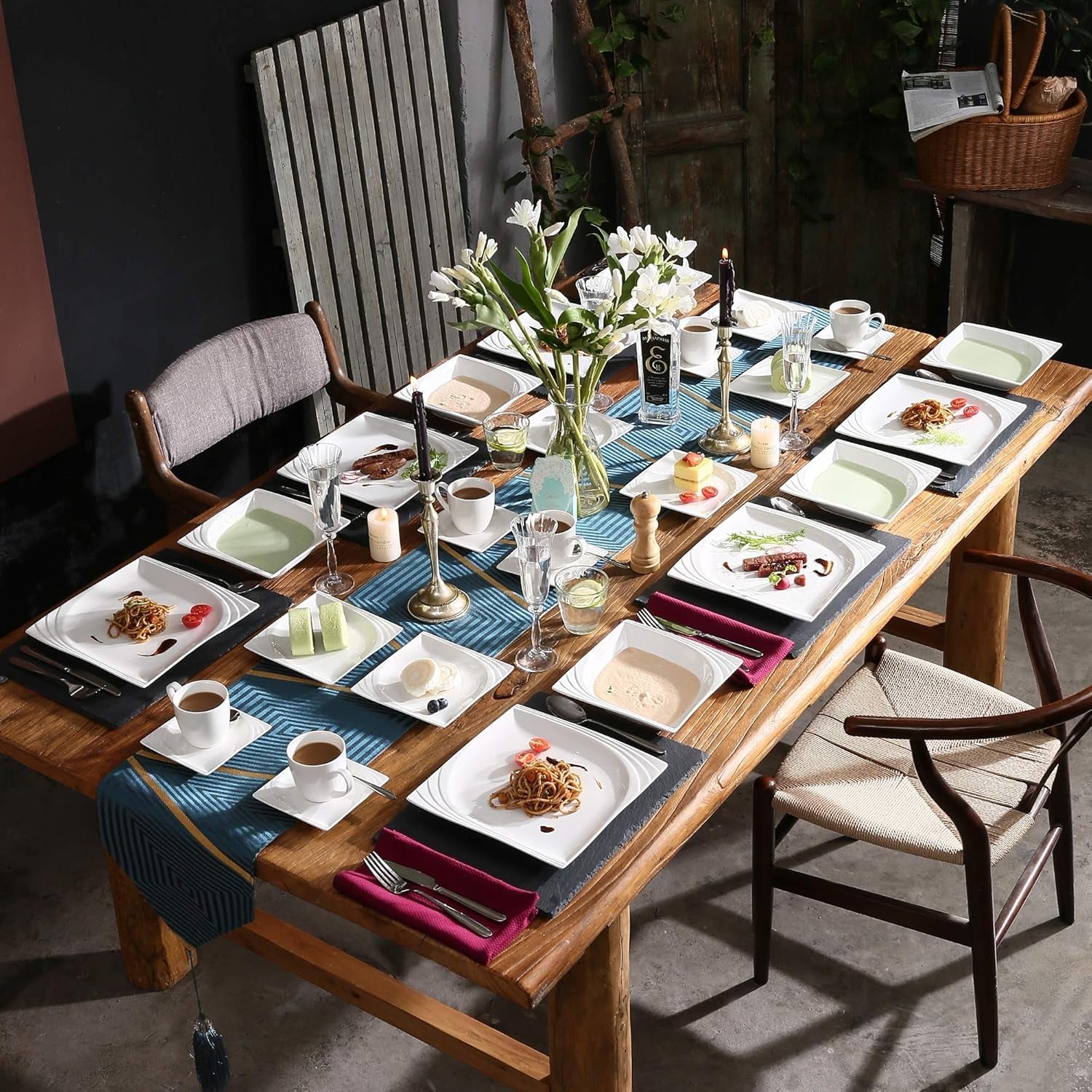 MALACASA, Série Monica, Sada nádobí pro 12 osob, Bílo-krémový porcelán, Kombinovaná obsluha s 12 kávovými šálky, 12 podšálky, 12 dezertními talíři, 12 jídelními talíři a 12 jídelními talíři