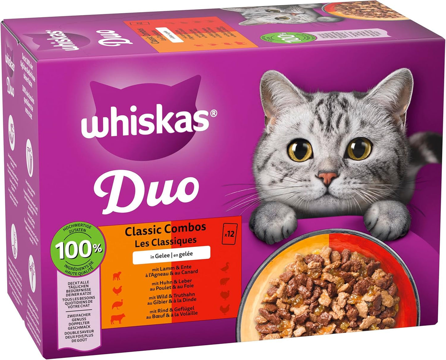 WHISKAS Duo sáčky na mokré porce jídla, více balení, klasická kombinace v želé, 12 x 85 g