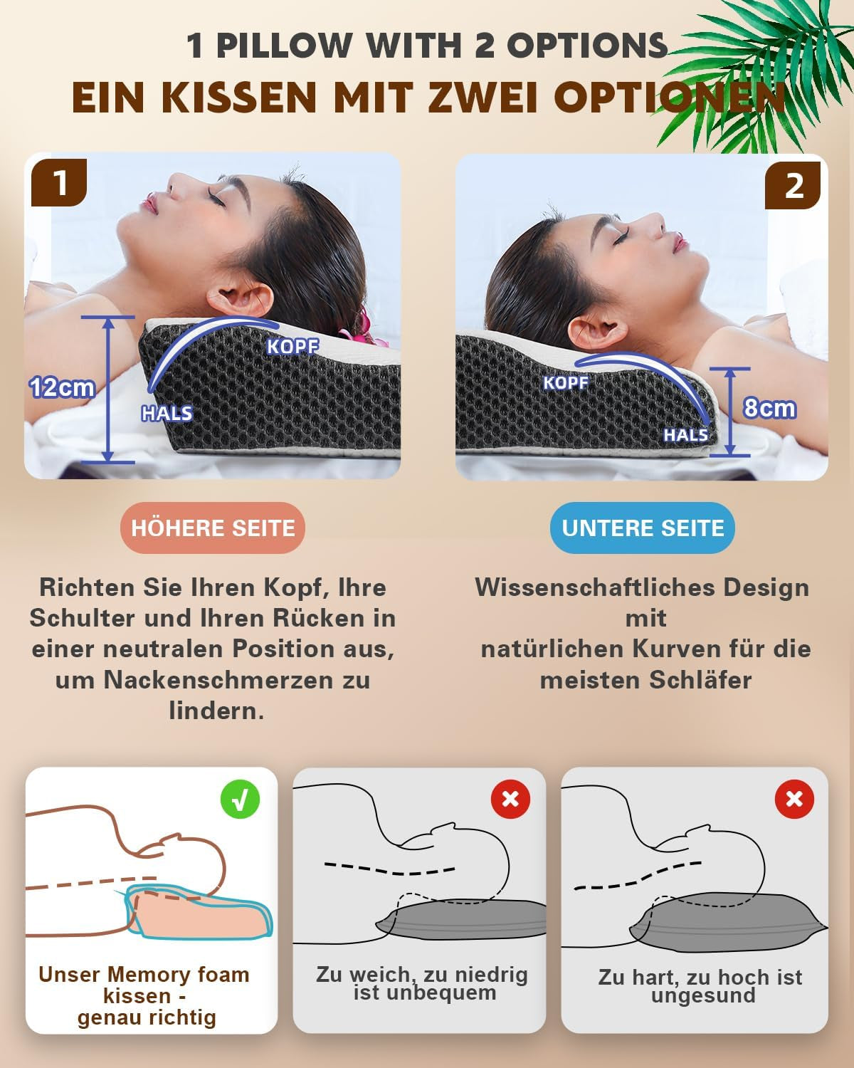 Polštář proti bolesti krku, Ergonomický ortopedický polštář na krk, Polštář s paměťovou pěnou na straně zad, Polštář proti chrápání pro muže Ženy (62 * 34,5 * 12/8CM) Krční ortopedické polštáře Naty Shop