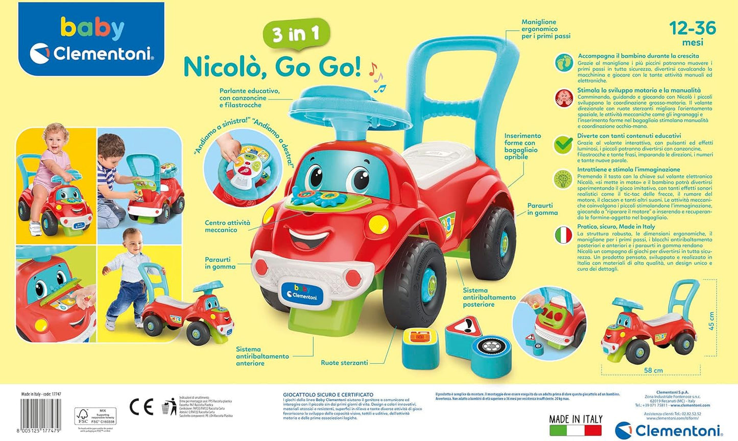 Clementoni - 17747 - Nicolò Go Go 3 v 1 - Jezdecké auto, elektronický výukový reproduktor, první krůčky, světla a zvuky, hra pro 1 rok - Made in Italy Bebe Toys Naty Shop