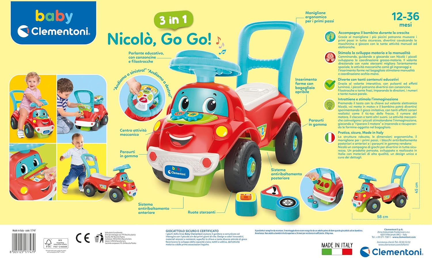 Clementoni - 17747 - Nicolò Go Go 3 v 1 - Jezdecké auto, elektronický výukový reproduktor, první krůčky, světla a zvuky, hra pro 1 rok - Made in Italy Bebe Toys Naty Shop