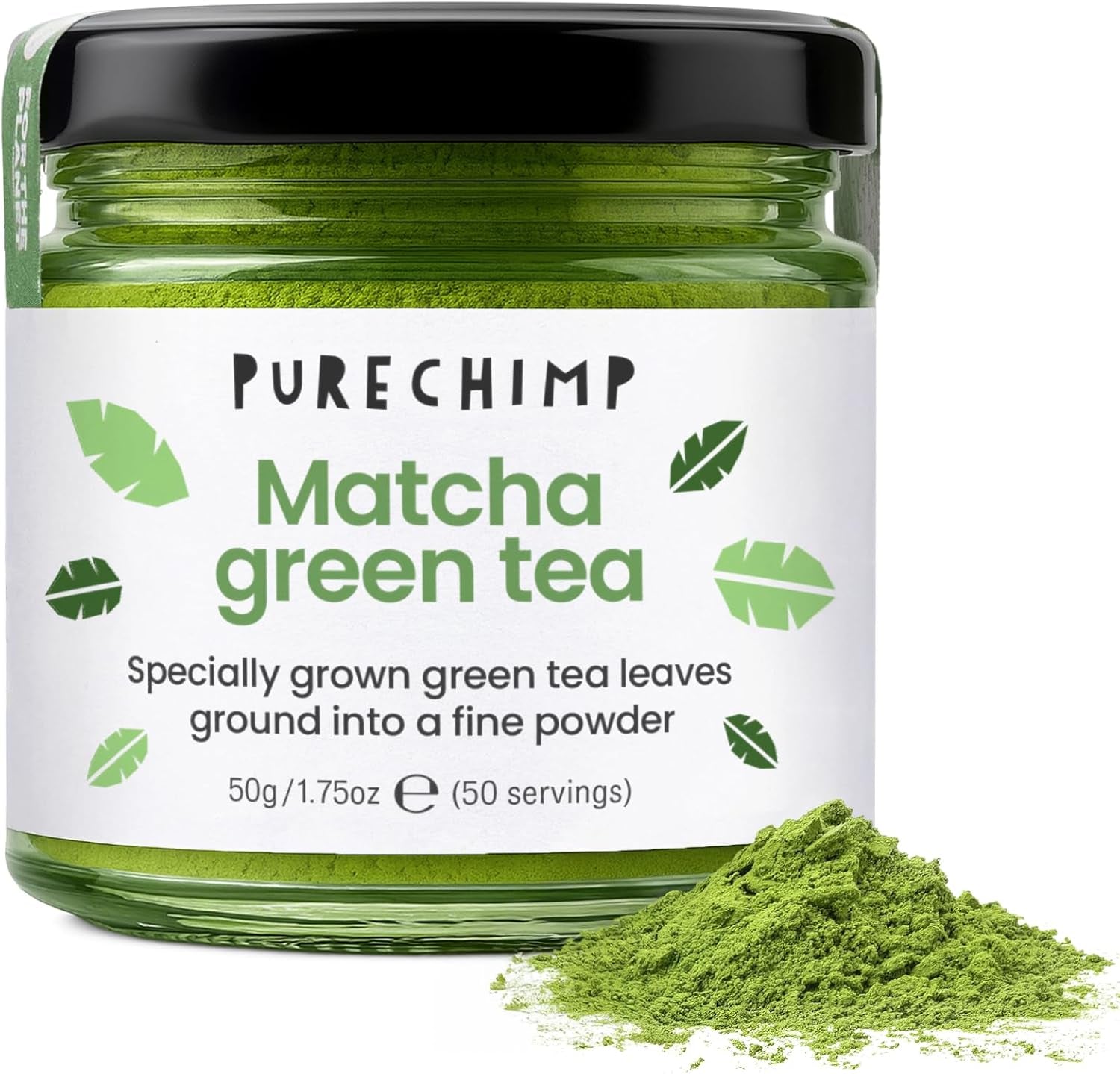 Purechimp Ceremonial Grade Matcha Powder 50g. 100% čistý čajový prášek pěstovaný ve stínu pro latté, nálevy a receptury. Recyklovatelná nádoba. Bohaté na antioxidanty.