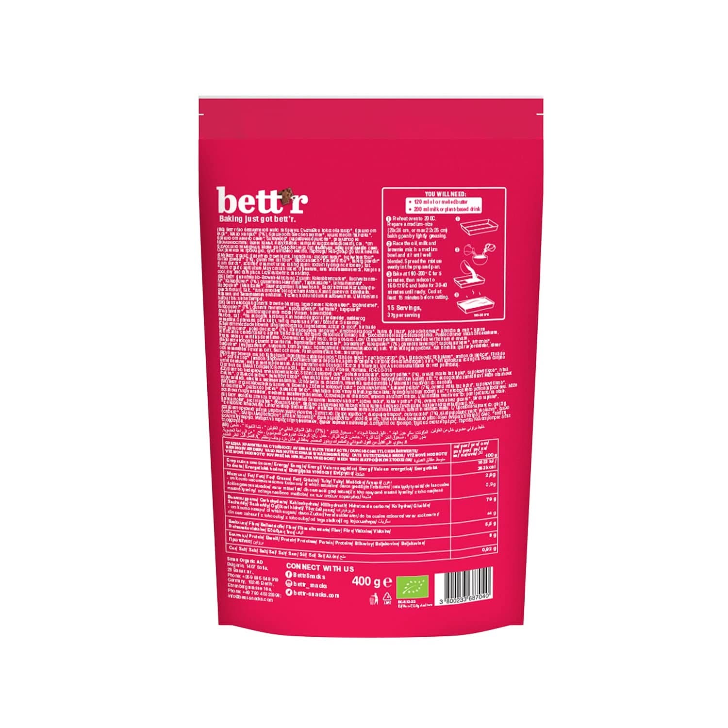 Bettr Organic Brownie Mix - Bio, veganské a bezlepkové brownies s bohatou kakaovou příchutí, 6 x 400 gramů Kitchen Naty Shop