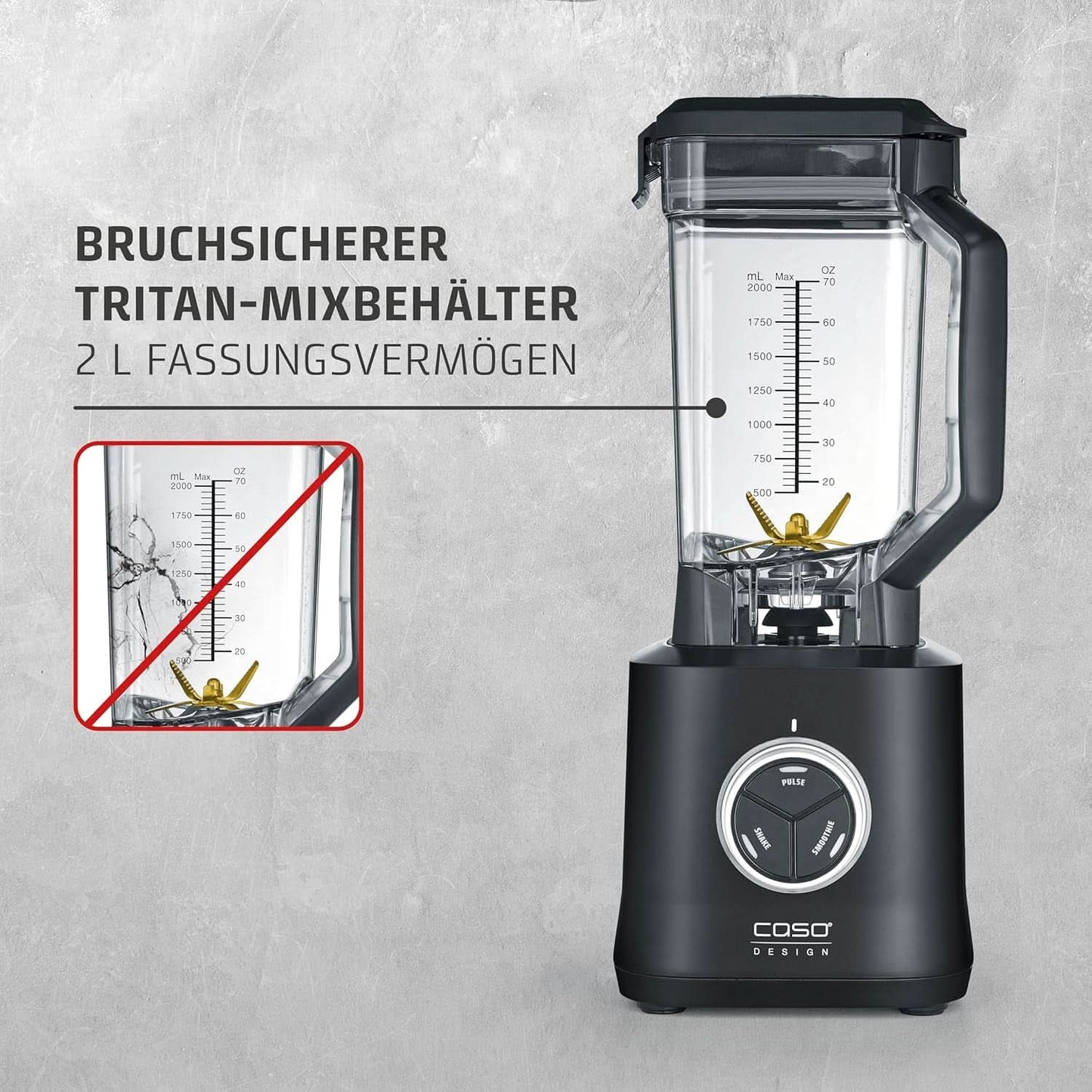 CASO Powerblender B 2000 - Profi stojanový mixér, 30 000 U/Min, 2000 Watt, Bruchsicherer Tritan-Mixbehälter (2 l), Bpa-Frei, Pulse-, Shake-, Smoothie-Funktion, 8-Fach Messer-System Mit Kitchen Na Titanbeschichtung