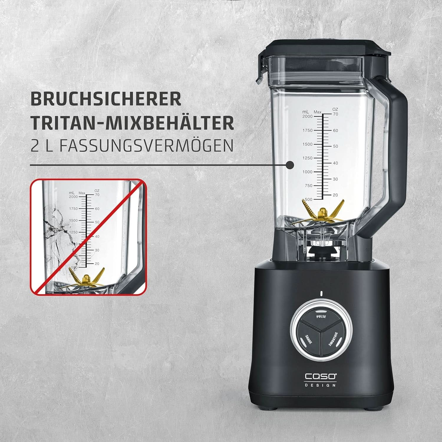 CASO Powerblender B 2000 - Profi stojanový mixér, 30 000 U/Min, 2000 Watt, Bruchsicherer Tritan-Mixbehälter (2 l), Bpa-Frei, Pulse-, Shake-, Smoothie-Funktion, 8-Fach Messer-System Mit Kitchen Na Titanbeschichtung