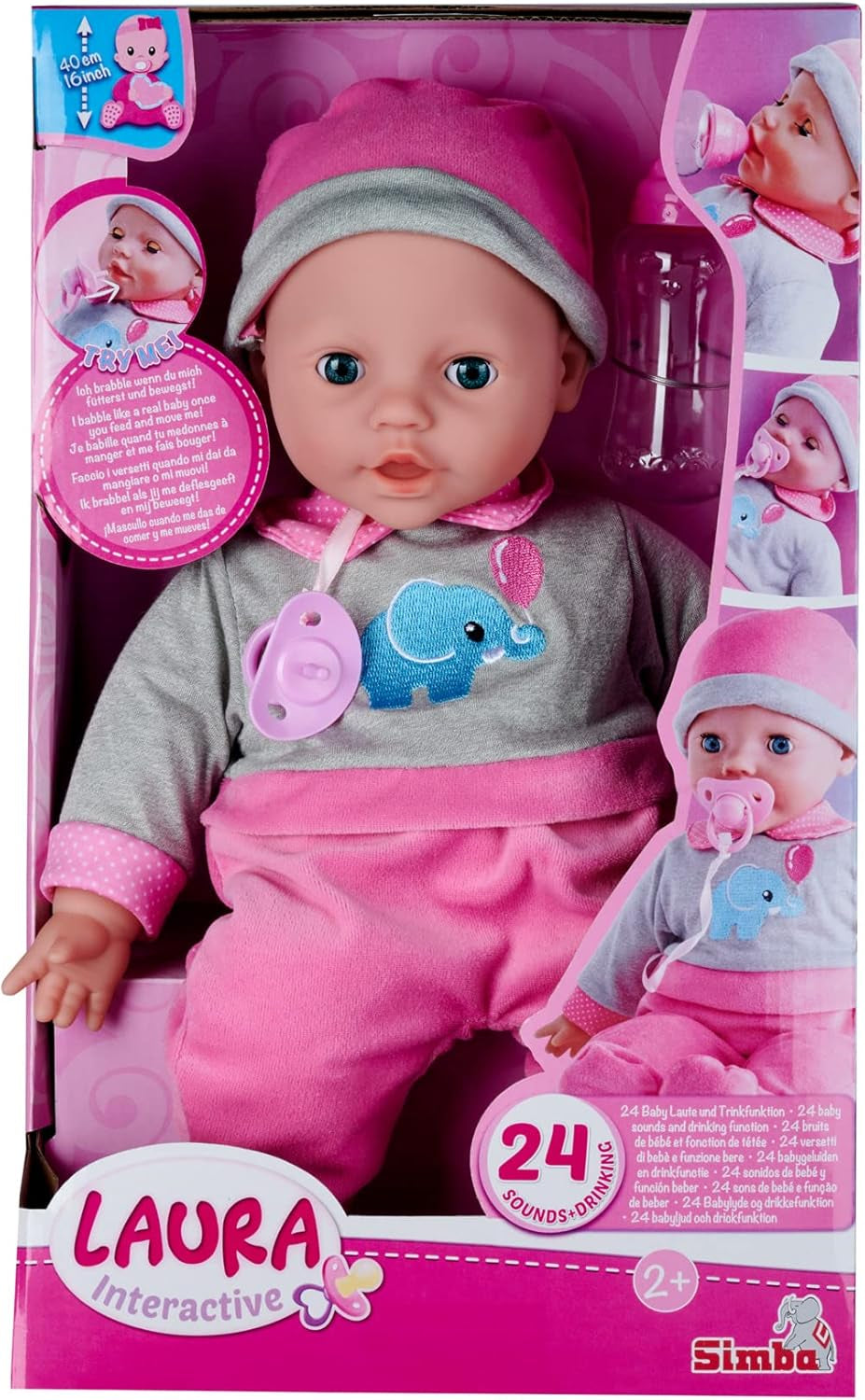 Simba 105140066 - Laura Interactive, panenka s měkkým tělem a ospalýma očima, při pohybu blábolí, pije z lahvičky a usíná, 40 cm, panenka pro děti od 2 let