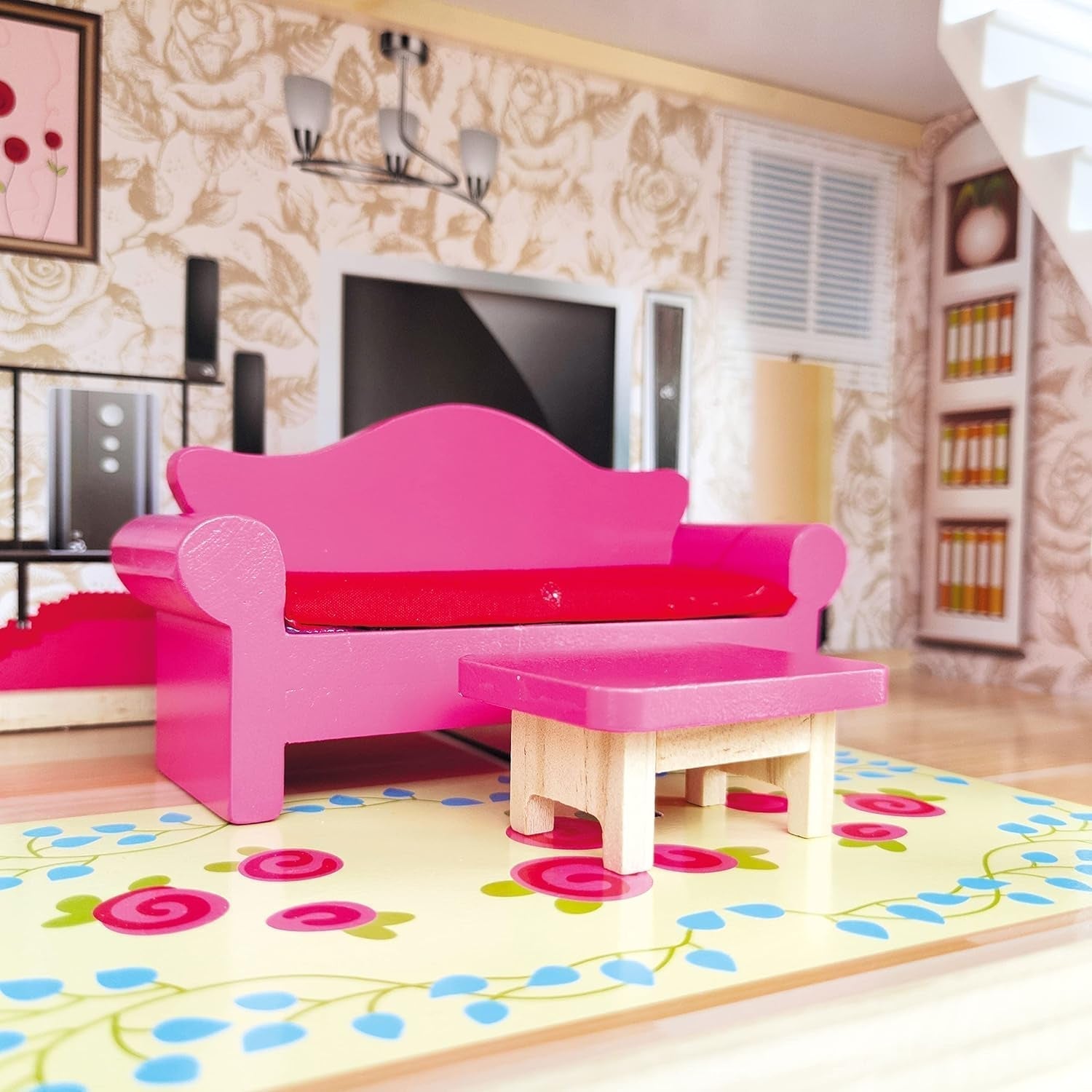 Bino World of Toys Domeček pro panenky s balkonem, Hračka pro batolata od 3 let, se 3 patry, schodištěm, 4 pokoji a balkonem vč. 15-TLG. Doplňky, Pro podporu dětských dovedností, Růžový design domečků pro panenky Naty Shop