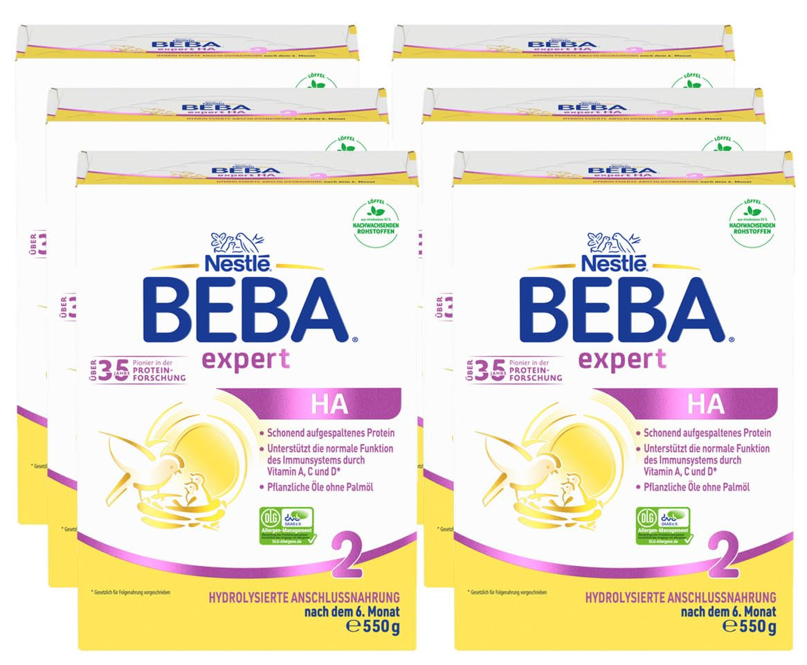 BEBA Expert HA 2 Pokračovací mléko po 6 měsících, kojenecká výživa s hydrolyzovanou bílkovinou, pouze laktóza, bez palmového oleje, balení 6 ks (6 x 550 g) Naty Shop