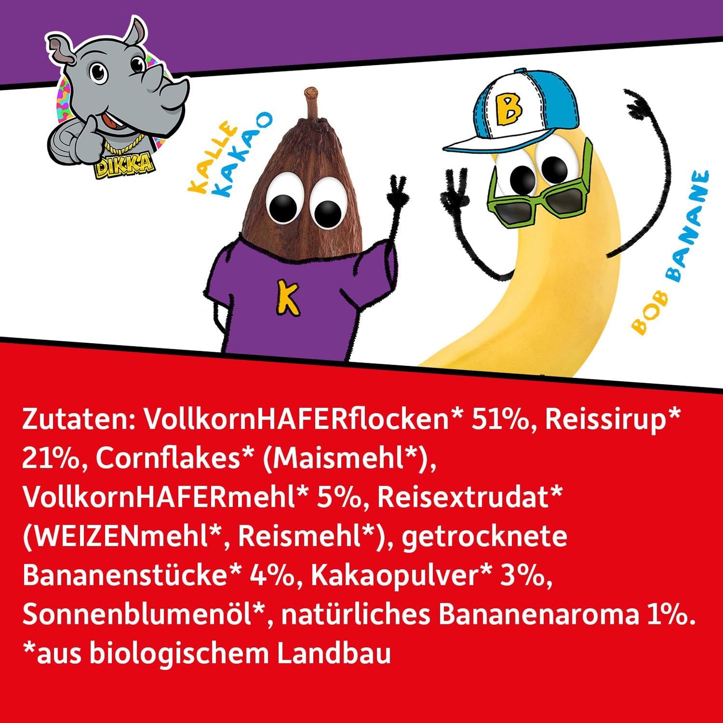 FRECHE FREUNDE KIDS, Bobs & DIKKAs Křupavé banánové kakaové müsli, křupavé čokoládové müsli pro děti, nízký obsah cukru, bez přísad, 100% vegan, 6 kusů (6 x 280 g)
