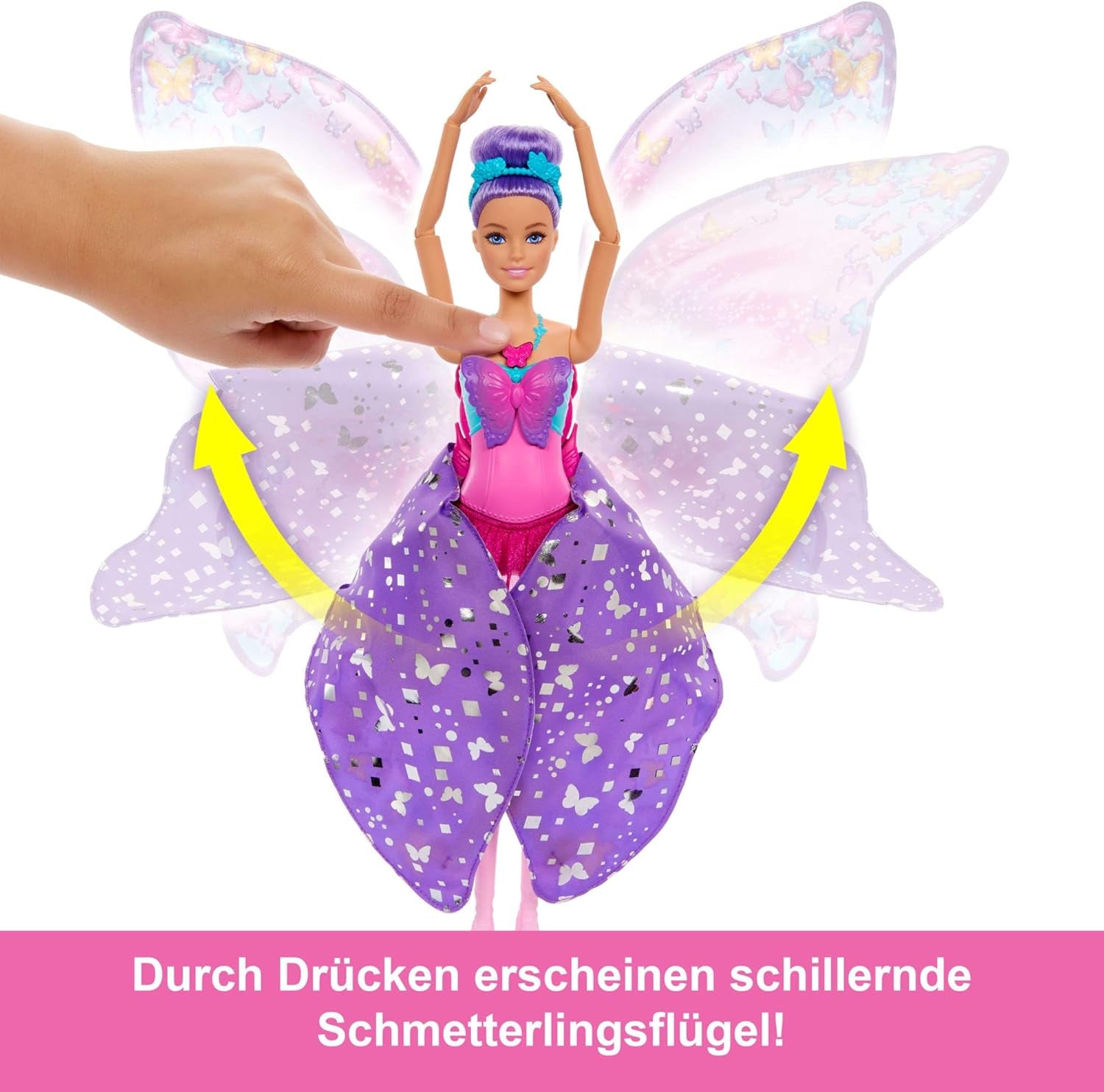 Barbie Dance And Flutter Transformační panenka 2 v 1 z tanečnice na motýla s otevíracími křídly, fialovými vlasy, šperky do vlasů a odnímatelnou Tutu, HXJ10 Naty Shop Dolls