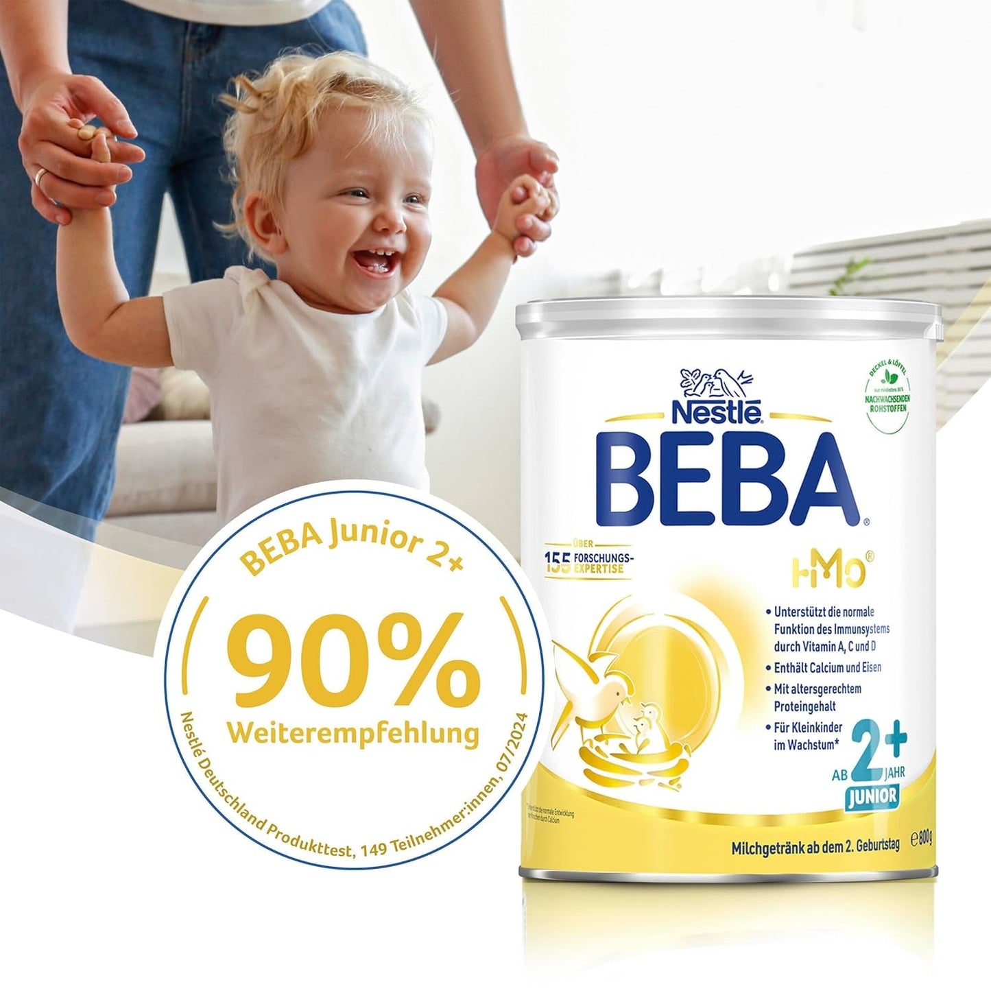 BEBA Junior 2+ mléčný nápoj od 2 let, S HMO, Obsah bílkovin odpovídající věku, Pouze laktóza, Bez palmového oleje, Bez rybího tuku, Výživa pro batolata, Sušené dětské mléko, Balení 3 ks (3 x 800 g)