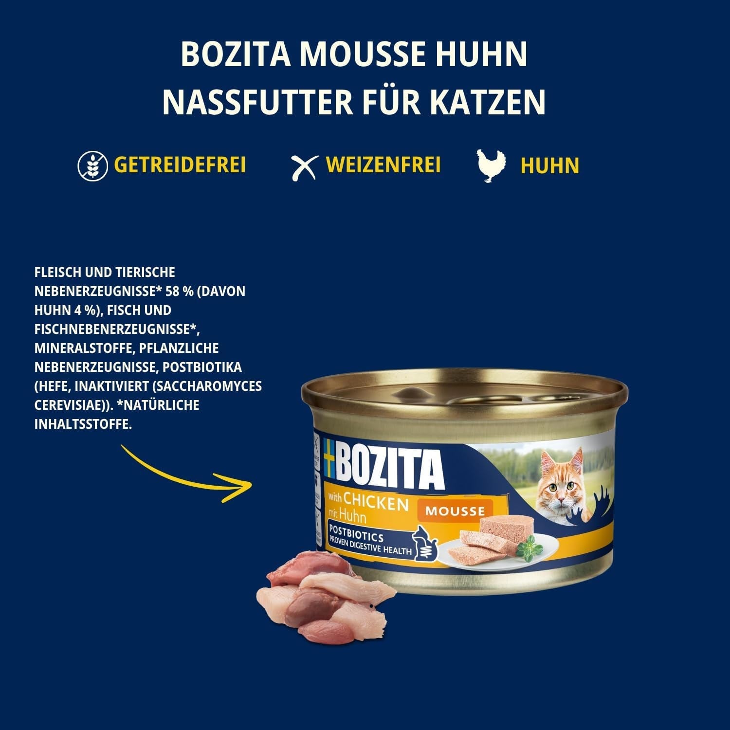 Bozita Mousse Chicken - 12 x 85 g mokré krmivo pro kočky s jemnou texturou pěny a kuřecího masa - receptura bez obilovin, bez přidaného cukru - s postbiotiky pro podporu zdravé střevní flóry