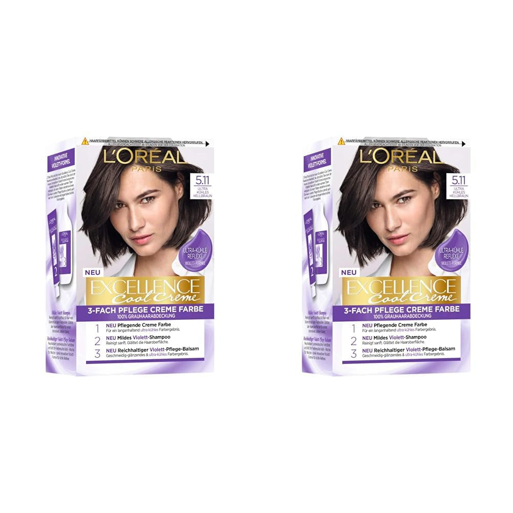 L'Oréal Paris Permanentní barva na vlasy s ultra studeným barevným výsledkem, 100% krytí šedivých vlasů, sada s barvou, šamponem a pečujícím krémem, Excellence Cool, no. 5.11 Světle hnědá (hnědá) (balení 2 ks) Naty Shop Hair Dye Výchozí název