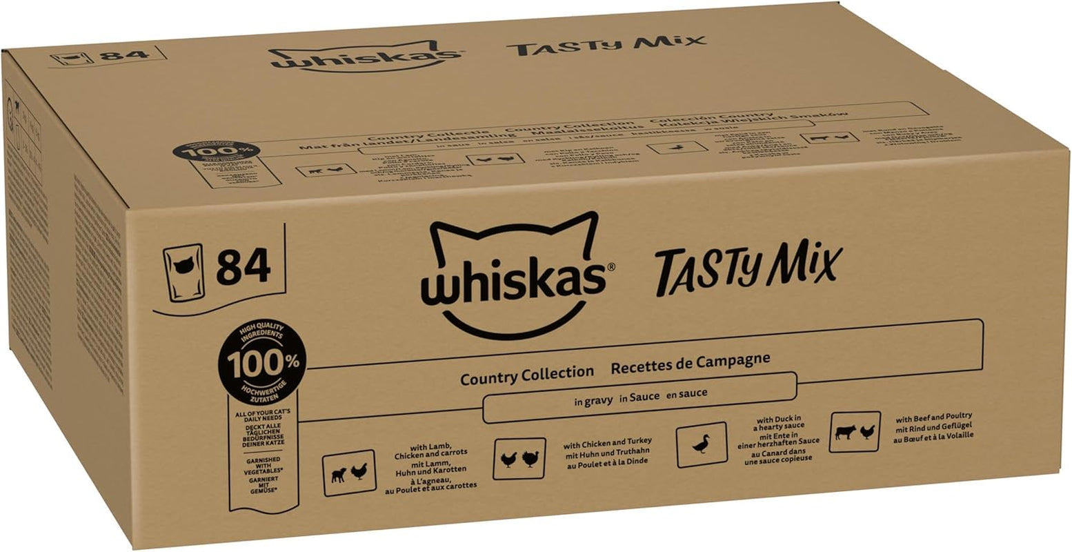 Whiskas Adult Wet Food 1+ Tasty Mix Country Collection v omáčce, 84 sáčků, 84 x 85 g (1 hromadné balení) – Vysoce kvalitní mokré krmivo pro dospělé kočky
