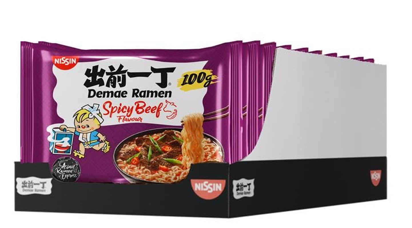 Nissin Demae Ramen - Pikantní hovězí 10 balení Instantní nudle japonského stylu s hovězí příchutí a asijským kořením Rychlá a snadná příprava asijské kuchyně (10 x 100 g)
