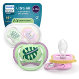 Dudlíky Philips AVENT ultra air - balení 4ks prodyšných dudlíků bez BPA pro miminka 6-18 měsíců, včetně pouzdra na přenášení a sterilizace, vzor želva/velryba (model SCF085/66)