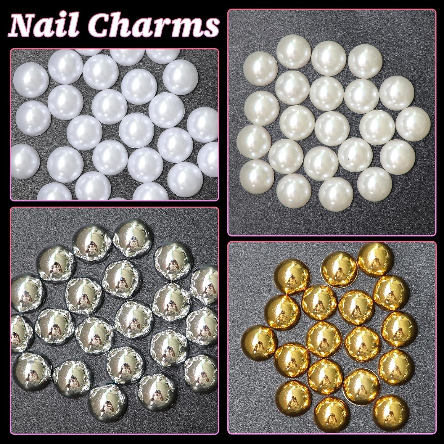 GZMAYUEN 920Pcs Zlatá Stříbrná Perlen s plochým zády pro nehty, Halbrunde Weiße Beige Perlen na nehty, Kleine Halbrunde Perlen s plochým zadním dílem Für DIY Nail Art Decor