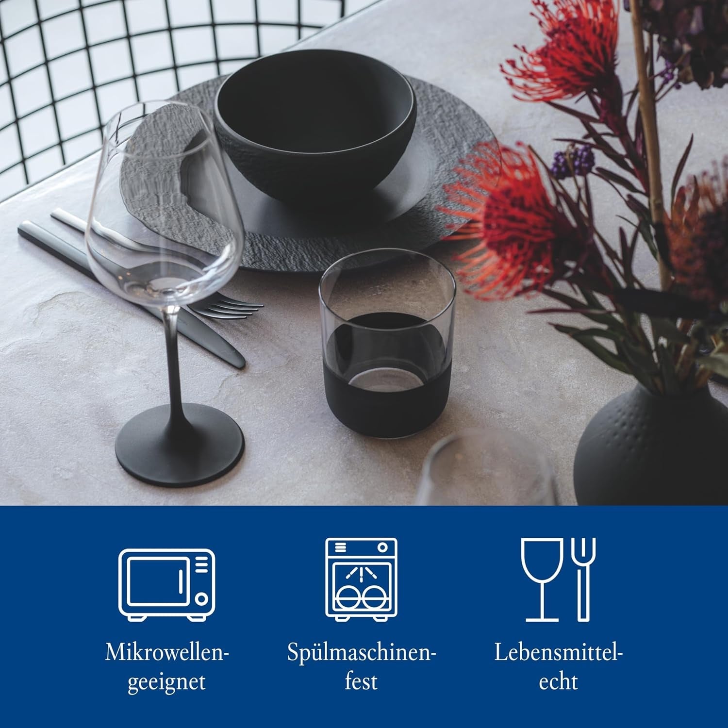 Villeroy & Boch Manufacture Rock Starter Set, 6dílná, černá, vhodná do myčky, vhodná do mikrovlnné trouby, matná černá sada nádobí, nádobí, příbory, prémiový porcelán