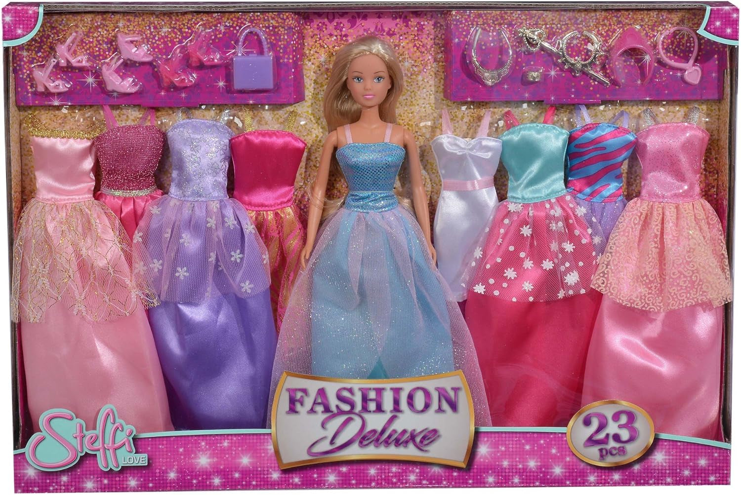Simba 105733092 - Panenka Steffi Love Fashion Deluxe večerní šaty s osmi šaty navíc a odpovídajícími doplňky, 23 kusů, 29 cm, věk 3+