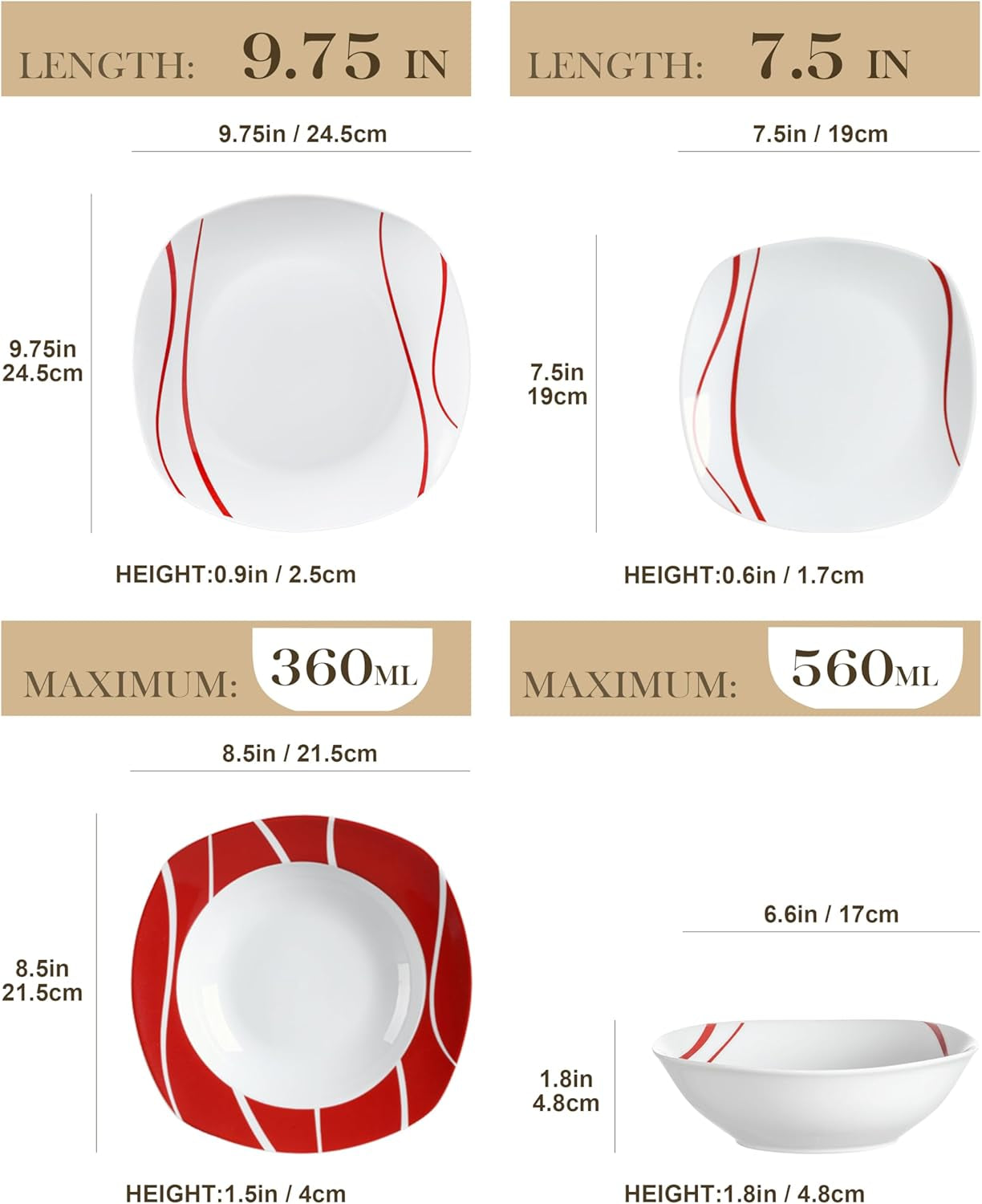 Sada nádobí MALACASA pro 6 kusů, sada porcelánového nádobí Felisa 24 kusů, moderní sada nádobí se 6 talíři, dezertními talíři, talíři a miskami Suma, ideální pro Vánoce a každodenní použití