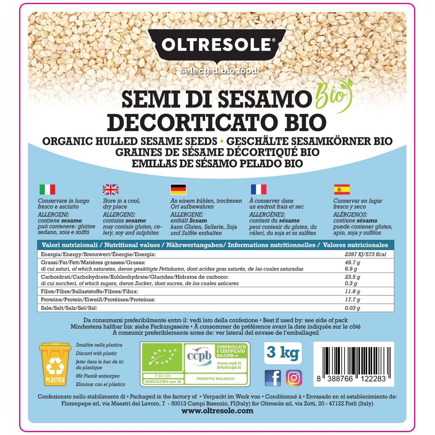 Bio sezamová semínka 3 kg, surová bio olejná semínka, bílý sezam, přirozeně loupaný, nepražený, zdroj vápníku a železa, ekonomický balíček