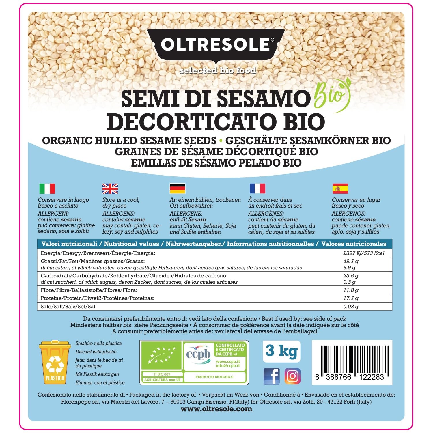 Bio sezamová semínka 3 kg, surová bio olejná semínka, bílý sezam, přirozeně loupaný, nepražený, zdroj vápníku a železa, ekonomický balíček