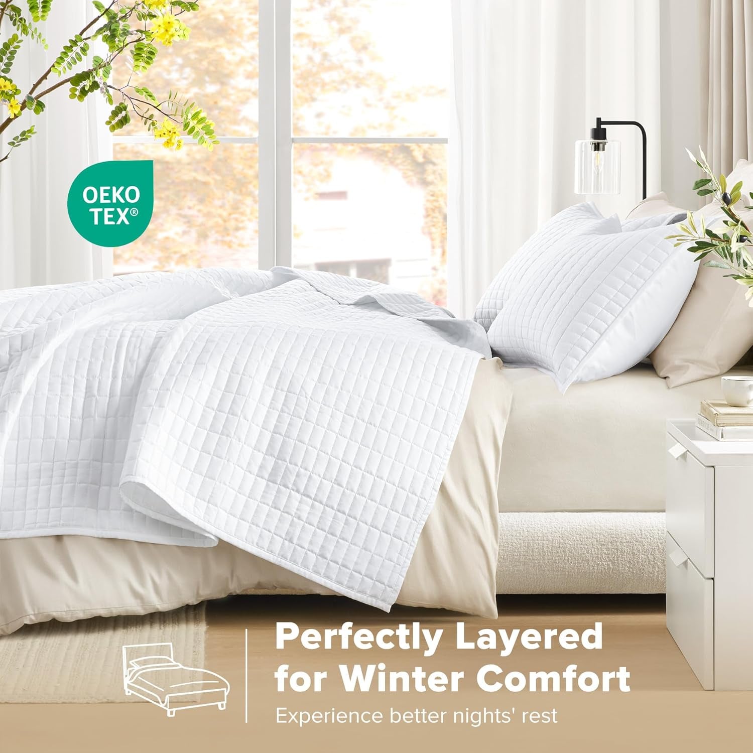 Comfort Spaces Sada přikrývek Kienna Luxusní letní přikrývka s dvojitým stehem Lehká měkká povlečení na celý rok Odpovídající povlak na polštář Bílá přikrývka velikosti King (264,2 x 228,6 cm) Přikrývky a přikrývky Naty Shop