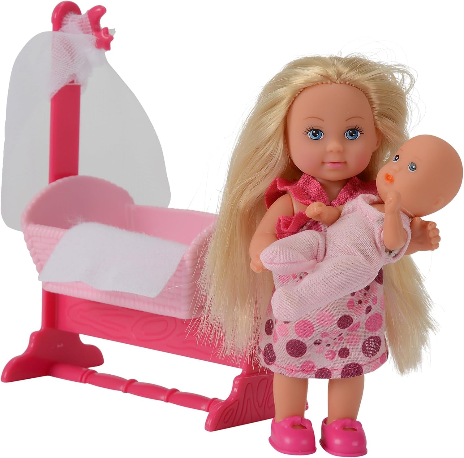 Simba 105736242 - Evi Love Doll Cradle 2 Různé Evi jako chůva s kolébkou a dětskou módní panenkou 12 cm pro 3 roky a více