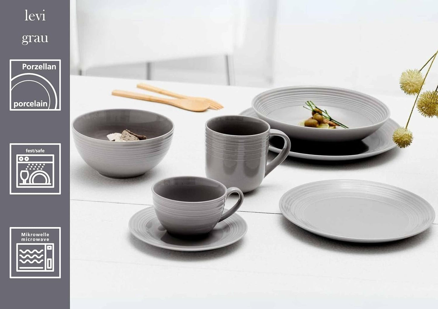 Ritzenhoff & Breker Levi 16dílná sada jídelního nádobí, talíře, misky a hrnky pro 4, skandinávský design s jemným vroubkovaným reliéfem, smíšené nádobí, porcelán, bílá a šedá