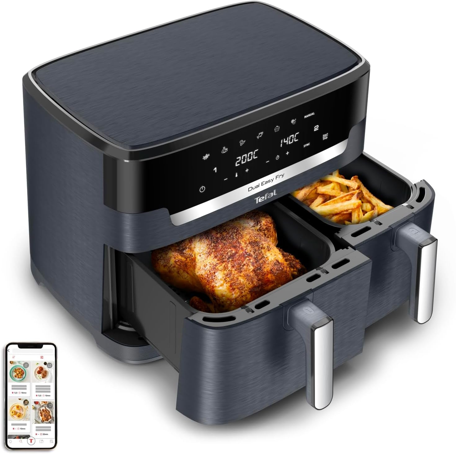 Horkovzdušná fritéza Tefal Dual Easy Fry se dvěma komorami, objem 5,2/3,1 litru, dvě nezávislé zásuvky, 7 programů Domácí spotřebiče Naty Shop šedá / antracitová