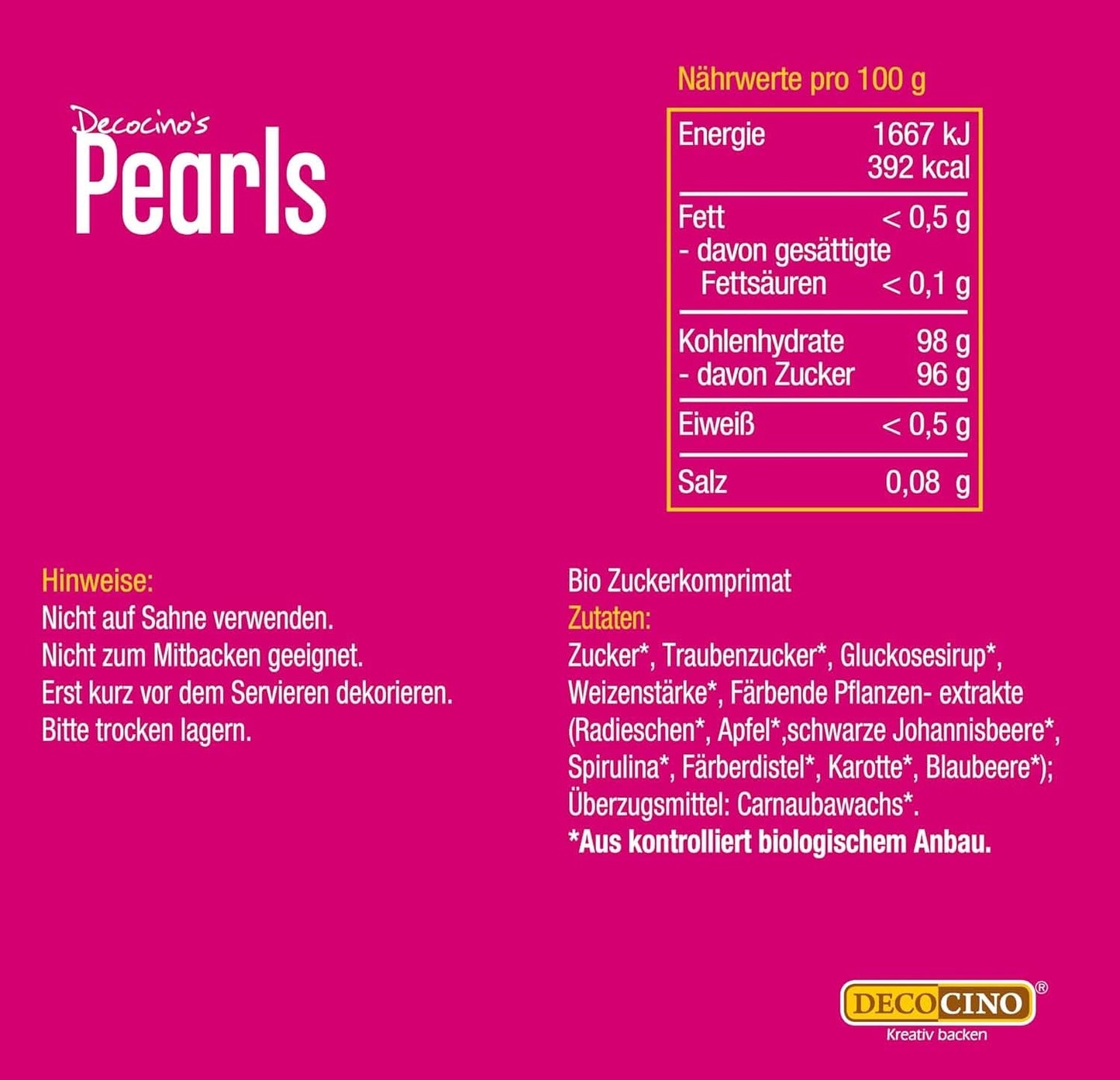 DECOCINO Organic Sprinkle Pearls - 60 gramů - Organické dextrózové posypy Sprinkles Naty Shop