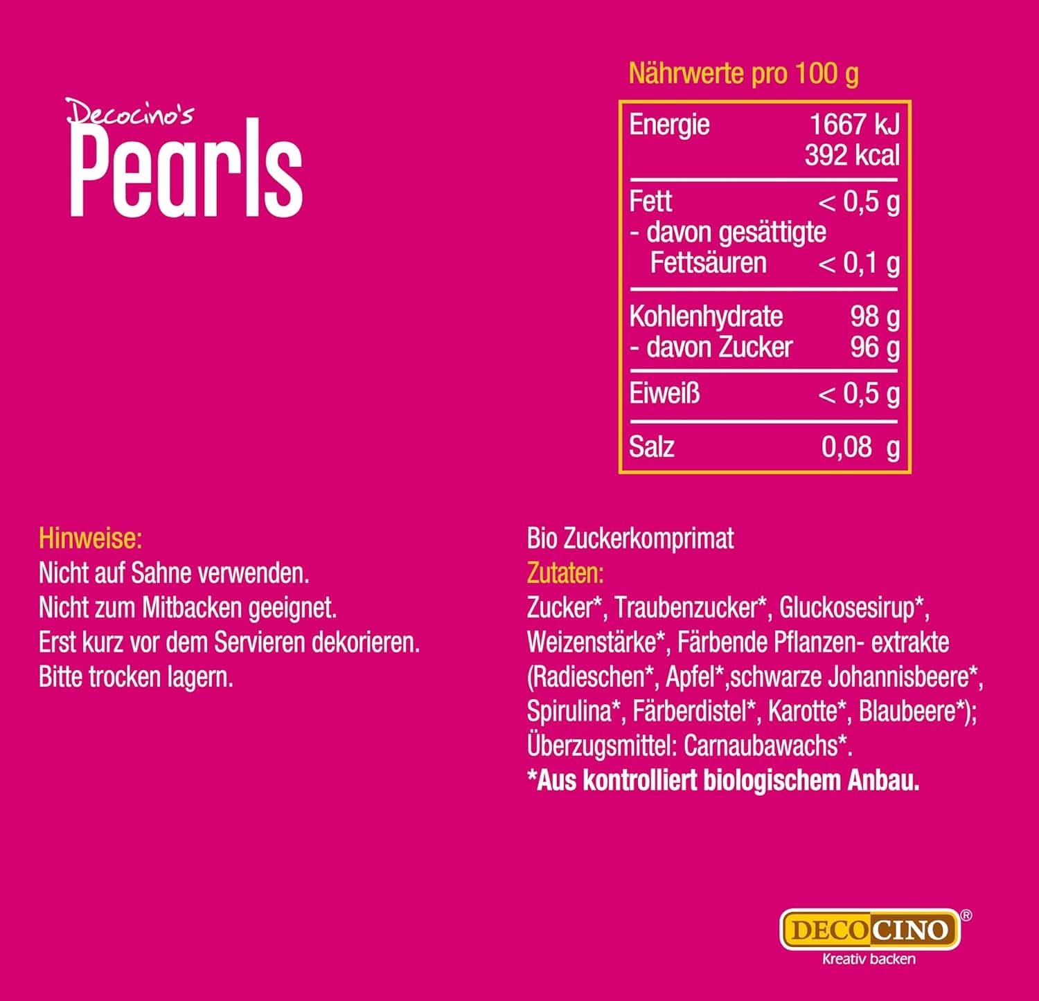DECOCINO Organic Sprinkle Pearls - 60 gramů - Organické dextrózové posypy Sprinkles Naty Shop