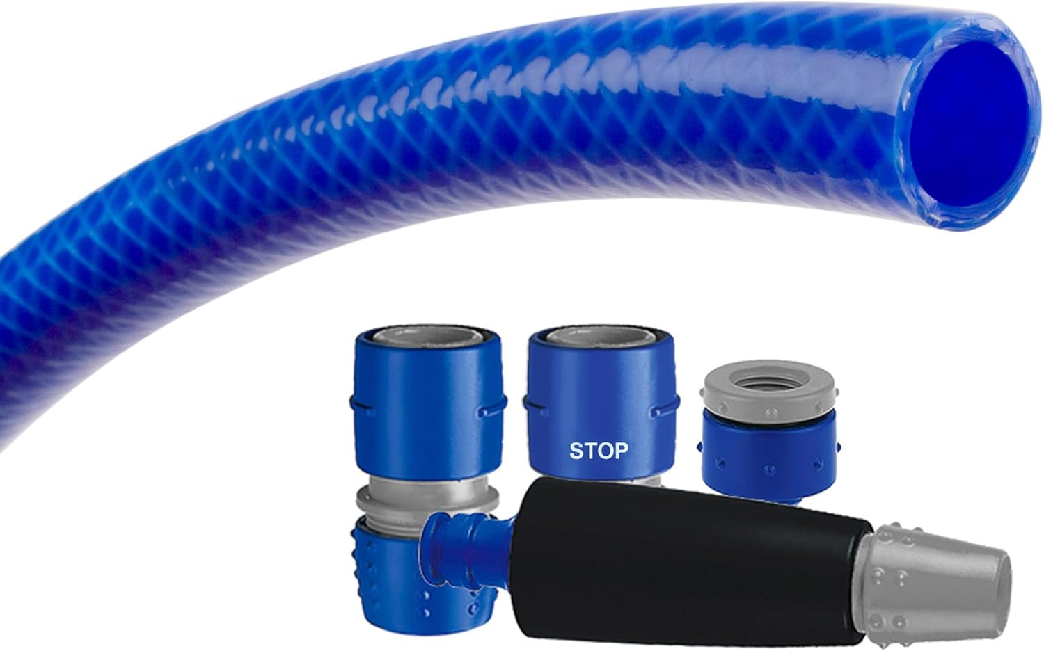 Sada zahradní hadice TATAY Blue Line 10 metrů Ø5/8" 15mm, 3 vrstvy, made in Spain, odolnost 28 bar a +60°/-20°, opletená, bez kadmia a olova, bez BPA, anti-UV. Modrá barva.