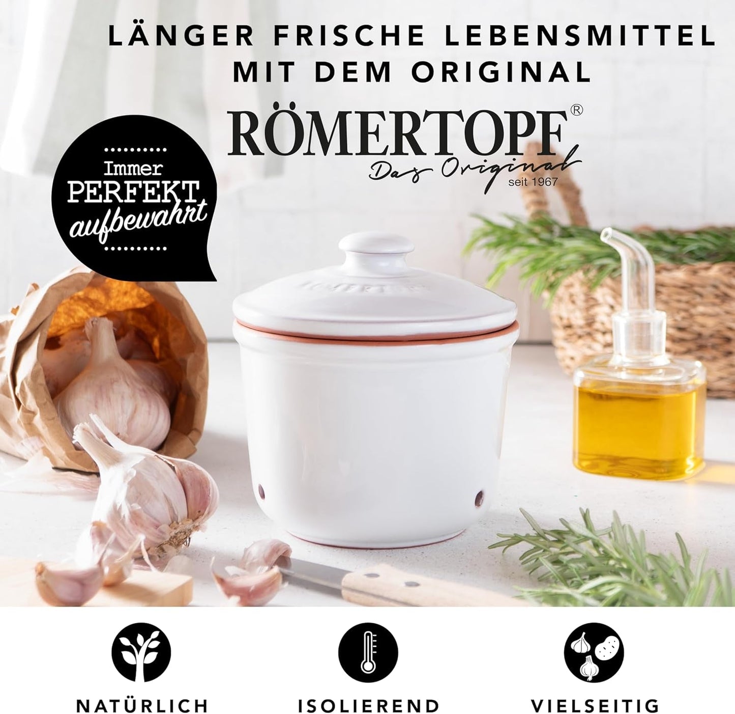 Römertopf Fresh Pot MINI 0,6 litru - Keramický hrnec na česnek - Prodyšná hlína udrží zeleninu déle čerstvou - Ideální cirkulace vzduchu - Bílé úložné boxy na potraviny Naty Shop