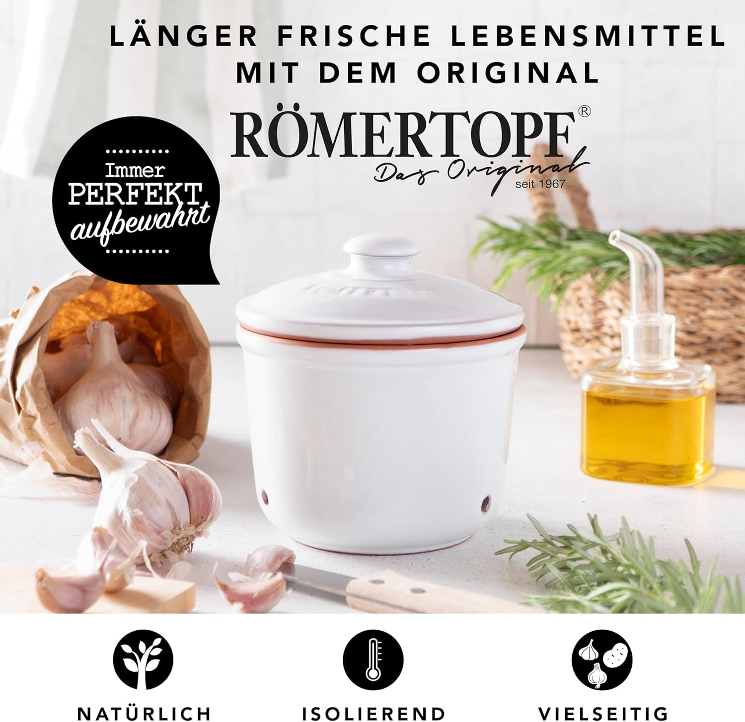 Römertopf Fresh Pot MINI 0,6 litru - Keramický hrnec na česnek - Prodyšná hlína udrží zeleninu déle čerstvou - Ideální cirkulace vzduchu - Bílé úložné boxy na potraviny Naty Shop