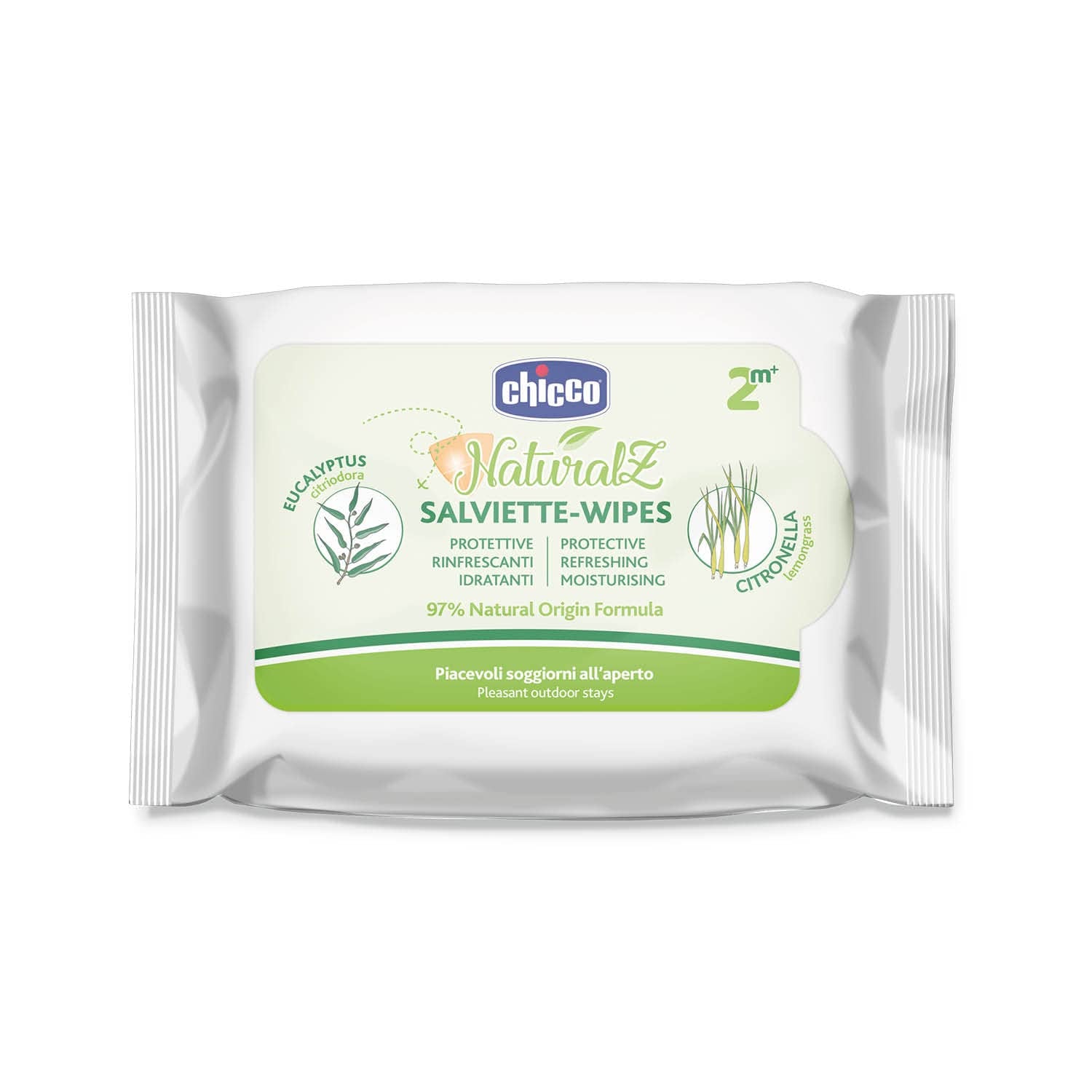 Chicco NaturalZ ochranné vlhčené ubrousky, balení 20 ks. Přírodní letní ochrana s citronovou trávou a eukalyptem, denní a noční ochrana.