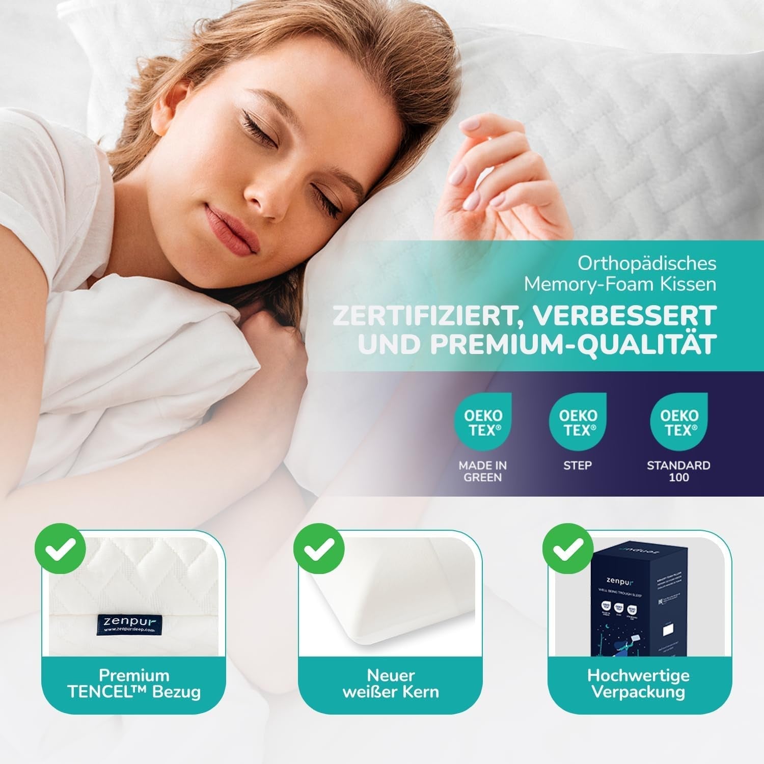 ZenPur ortopedický polštář na krk 40x60-13cm, polštář na hlavu z paměťové pěny - ergonomický polštář na spaní na krk a ramena, certifikace Oeko-TEX